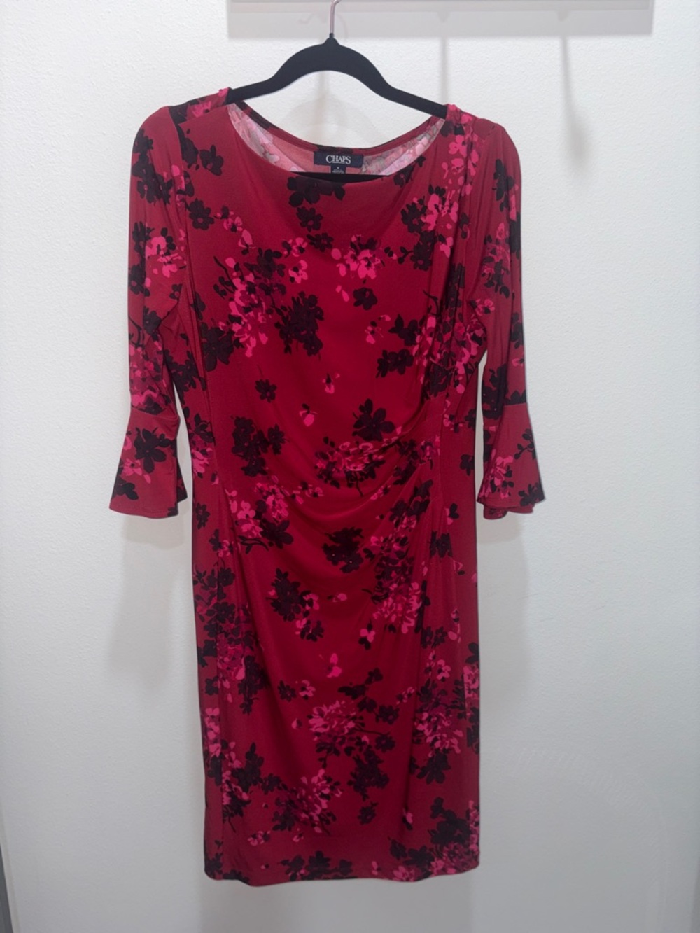 Chaps Red Floral Midi Dress with Black Accents